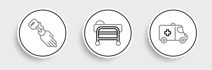 Set line Emergency car, Prosthesis hand and Stretcher icon. Vector