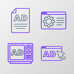 Set line Advertising, Browser setting and icon. Vector