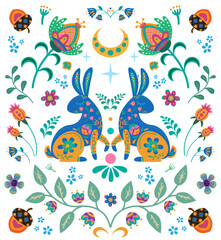 Rabbits with folk flower elements. Bunny in folk boho style. 