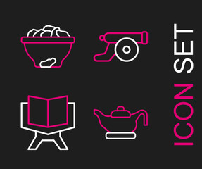 Set line Oil lamp, Holy book of Koran, Ramadan cannon and Date fruit in bowl icon. Vector