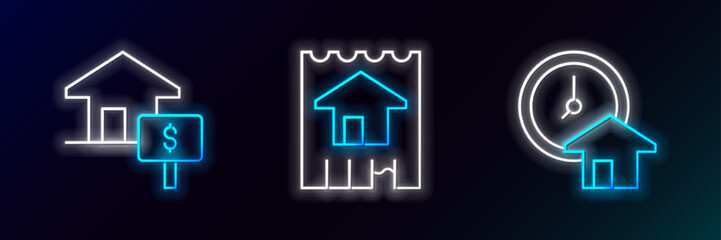 Set line Time is money, House with dollar and icon. Glowing neon. Vector
