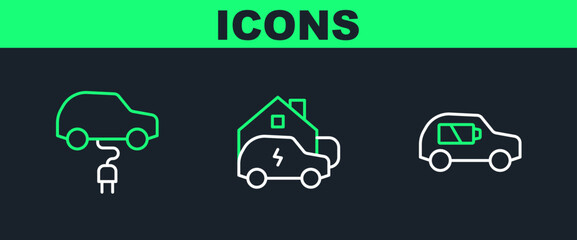 Set line Electric car, and Charging at home icon. Vector