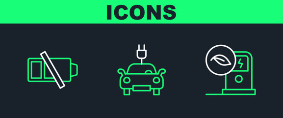 Set line Electric car charging station, Low battery and icon. Vector