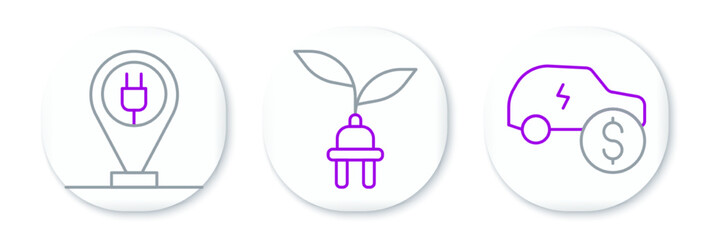 Set line Electric car price, Charging parking electric and saving plug leaf icon. Vector