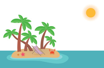Cartoon tropical island with palm trees, sun in transparent sky above the ocean