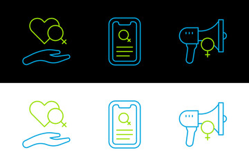 Set line Feminist activist, Heart with female gender and Dating app icon. Vector