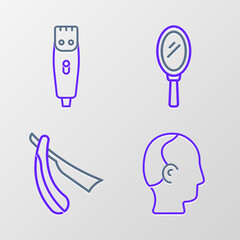 Set line Baldness, Straight razor, Hand mirror and Hair clipper icon. Vector