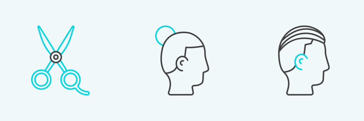Set line Hairstyle for men, Scissors hairdresser and icon. Vector