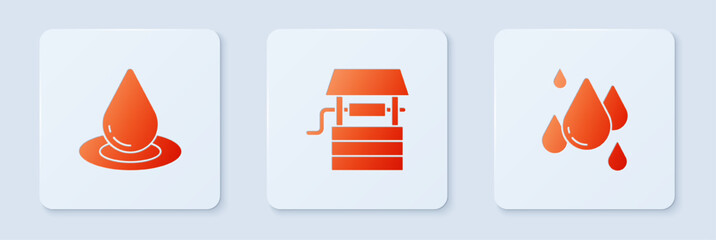 Set Well with bucket, Water drop and . White square button. Vector