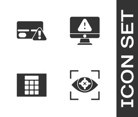 Set Eye scan, Credit card, Password protection and Monitor with exclamation mark icon. Vector