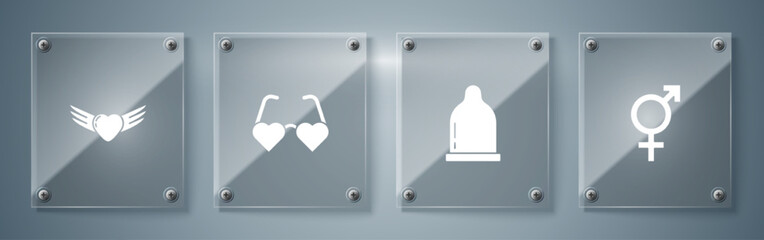 Set Gender, Condom, Heart shaped love glasses and with wings. Square glass panels. Vector