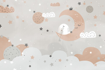Clouds and Cute Rabbit, Kids room wallpaper design - obrazy, fototapety, plakaty