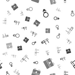 Set Diamond engagement ring, Jewelry box, Calliper or caliper and scale and on seamless pattern. Vector