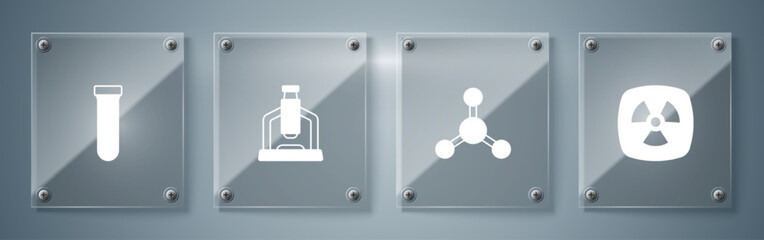 Set Radioactive, Molecule, Microscope and Test tube. Square glass panels. Vector
