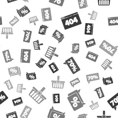 Set Page with a 404 error, Discount percent tag, Seventy discount percent tag and Shopping basket on seamless pattern. Vector