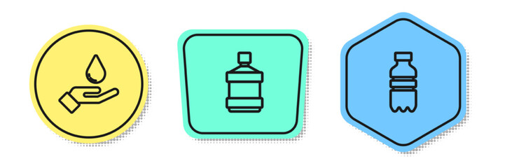 Set line Washing hands with soap, Big bottle clean water and Bottle of. Colored shapes. Vector