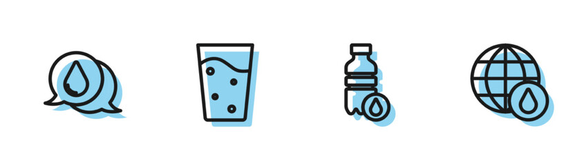 Set line Bottle of water, Water drop, Glass with and Earth planet in icon. Vector