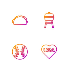 Set line USA Independence day, Baseball ball, Taco with tortilla and Barbecue grill. Gradient color icons. Vector