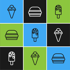 Set line Ice cream in waffle cone, and Burger icon. Vector