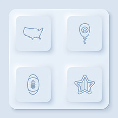 Set line USA map, Balloons, American Football ball and Independence day. White square button. Vector