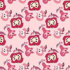Vector seamless pattern of apples fruits. Red juicy fruit on a light background with leaves. Design for printing, Wallpaper, fabric, textiles, banner. Simple style
