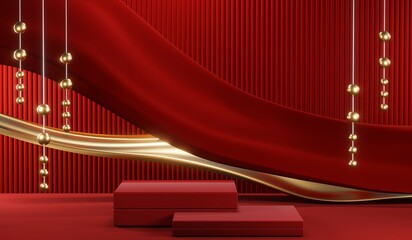 3D rendering of blank product background for cream cosmetics Modern red podium background