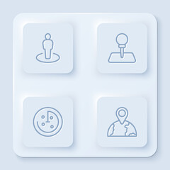 Set line Location with person, Push pin, Radar targets monitor and the globe. White square button. Vector