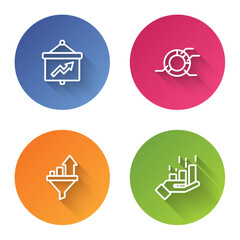 Set line Board with graph, Pie chart infographic, Sales funnel and Financial growth. Color circle button. Vector