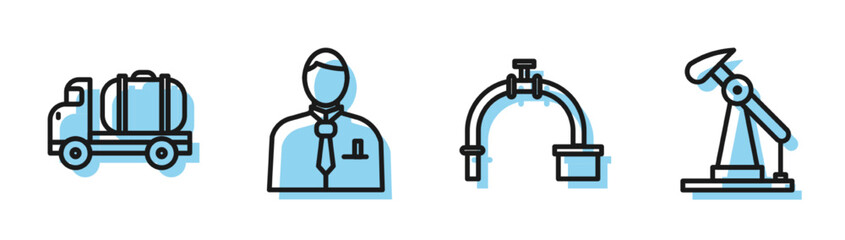 Set line Industry pipe and valve, Tanker truck, Businessman or stock market trader and Oil pump or pump jack icon. Vector
