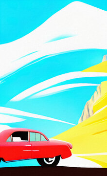 Retro red sport car riding on the road and mountains landscape on background. Mountain road and vintage car retro style flat illustration in minimalist style. Old american artwork style. Poster print