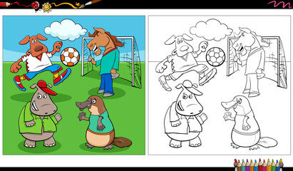 cartoon animals group playing soccer coloring page
