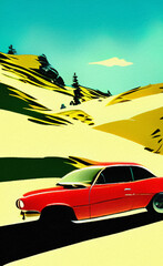 Obraz na płótnie Canvas Retro red sport car riding on the road and mountains landscape on background. Mountain road and vintage car retro style flat illustration in minimalist style. Old american artwork style. Poster print