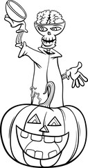 cartoon skeleton with Halloween pumpkin coloring page