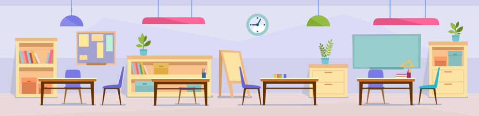 Empty classroom in school or nursery. Class room in kindergarten or college with desks, chairs, and a chalkboard ready for a lesson. Cartoon style background. Class interior vector illustration.