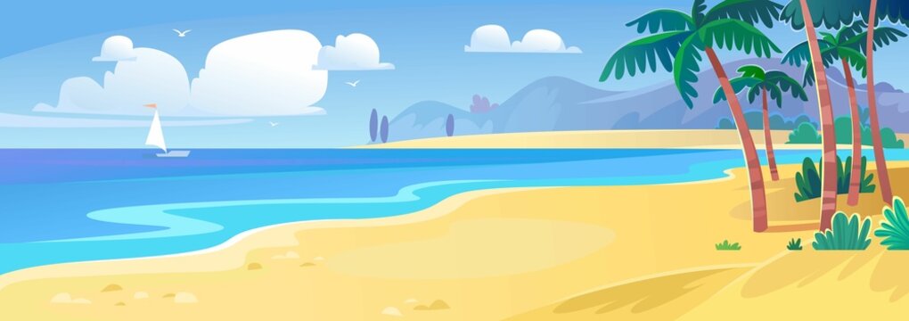 Beautiful background of a sandy beach on the ocean coast in summer with palms and mountains. Paradise travel destination.Family holiday vacation on a tropical island. Cartoon style vector illustration
