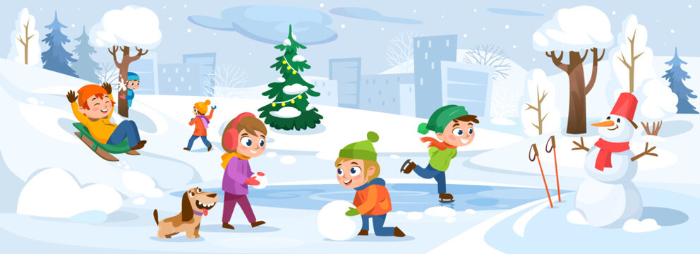 Kids play outside in the winter season. Cartoon-style vector background. Happy children with a dog having fun while snowing in a park: skating, skiing, making a snowman, playing snowball and sledding.