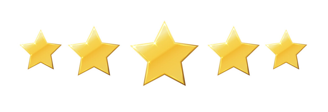 Five stars icon. Stars rating review icon.Vector stars set of realistic metallic golden stars isolated on white background. Symbol wye of leadership. Vector illustration