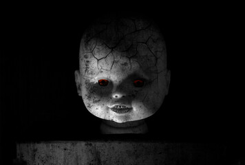 Zombie doll portrait. Creepy of doll face with glowing red eyes and zombie skin in the black...