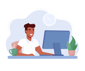 African American man working in the office earning money. An employee works on a computer. Business processes, working hours. Vector flat illustration of a black guy, isolated blue background