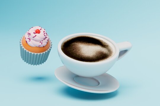 sweet snack concept. a cup of coffee with a cake on a blue background. 3d render