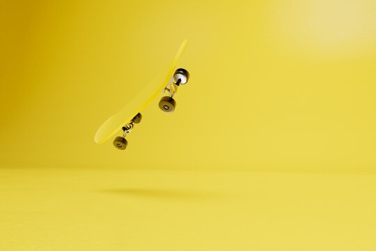 active lifestyle. yellow skateboard on a yellow background. copy paste, copy space. 3D render
