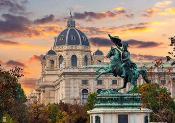 Statue of Archduke Charles and Museum of Natural History dome at sunset, Vienna, Austria - obrazy, fototapety, plakaty