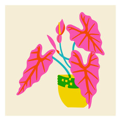 Wide leaves in pot in the style of risograph. Tropical houseplant with leaves. Contrast vector illustration isolated. Vector graphic drawing of palm tree in vase.