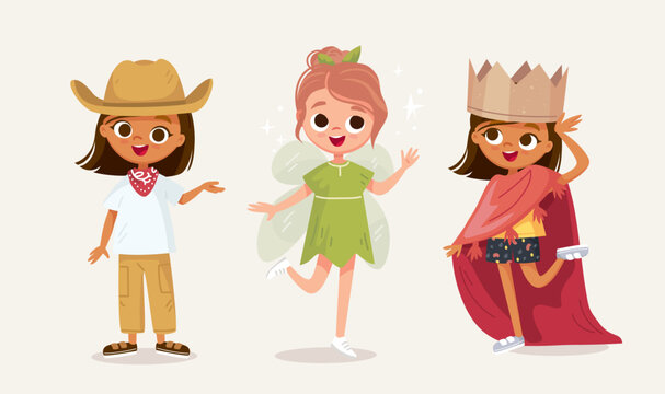 Small children dressed up in farmer, cowboy, fairy, fey, nymph, princess, queen costume standing in various poses isolated vector illustration. New look for kids costume party Dressing up for carnival