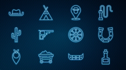 Set line Tabasco sauce, Horseshoe, Location cowboy, Revolver gun, Cactus, Western hat, Old wooden wheel and Indian teepee wigwam icon. Vector © Vadim