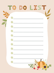 To do list template. Vector illustration with autumn elements for planner. Cute and trendy.