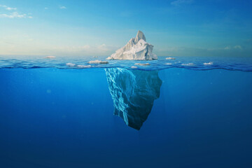Amazing white iceberg floats in the ocean with a view underwater. Hidden Danger and Global Warming Concept. Tip of the iceberg. Half underwater. Greenland - obrazy, fototapety, plakaty