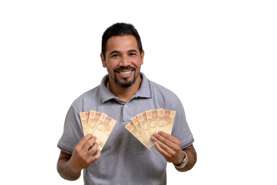 Man holds money, Brazilian money, BRL	