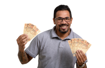 Man holds money, Brazilian money, BRL	