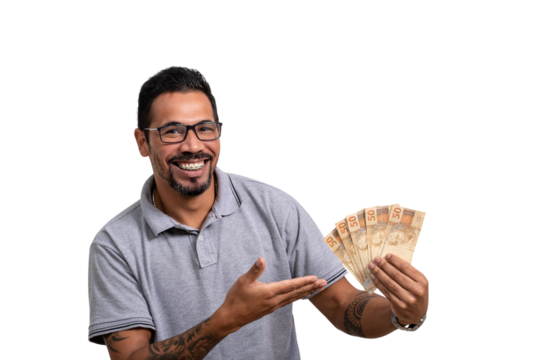 Man holds money, Brazilian money, BRL	 - Powered by Adobe